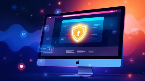 Computer screen browser interface translucent extension icons glowing shield symbol security