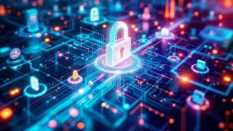 Abstract interconnected digital networks cybersecurity secure data flow it ot