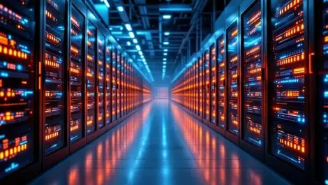 Modern data center sleek server racks glowing network lines advanced ai warehouse