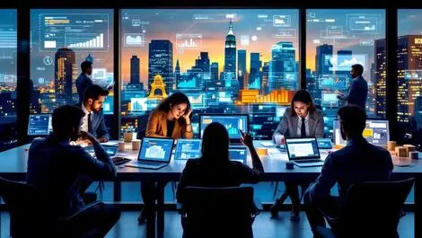 Modern office business professionals collaborating digital devices supply chain order fulfillment manhattan cityscape