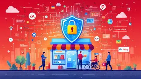 Retail storefront cyber security digital shield hacker coding abstract network