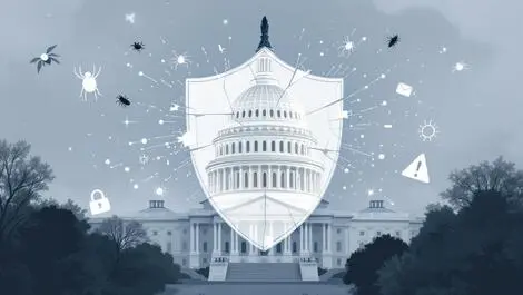 Us capitol building digital shield fracturing cybersecurity threat icons fade