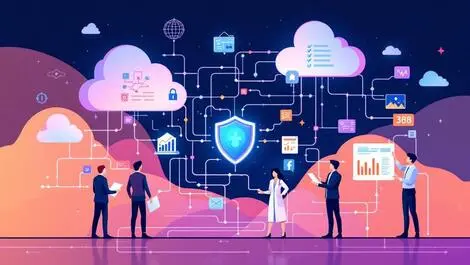 Abstract illustration digital data streams secure cloud servers ai driven data management compliance healthcare financial services