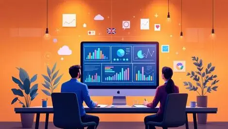 Modern office workspace computer screen abstract data charts businesspeople discussing ai crm nlp us uk