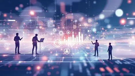 Abstract illustration interconnected nodes data streams ai models big data analytics human silhouettes automation corporate