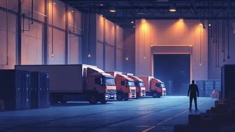 Large warehouse delivery trucks outside shadowy figure near servers illustration