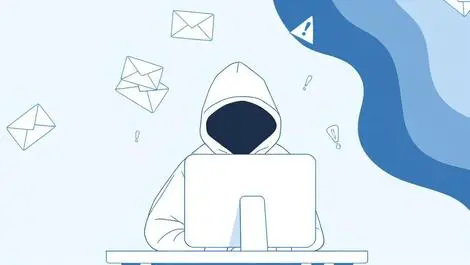 Hooded figure at computer with email envelopes and warning icons email security threat