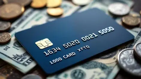 Realistic photo modern debit card on dollar bills coins us payments