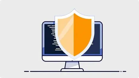 Shield overlaying computer monitor with code lines symbolizing security