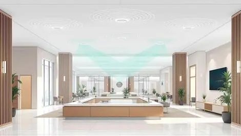 Modern hotel lobby wireless signals ceiling devices illustration
