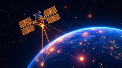 Satellite orbiting earth glowing connections linking remote areas