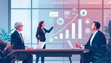 Senior professionals business attire interacting digital charts ai uk us communications industry