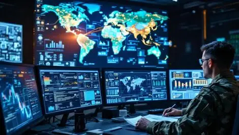 Military professionals high tech control room analyzing digital maps