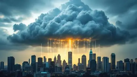 Realistic dark storm clouds over city skyline digital data streams cloud risks australia