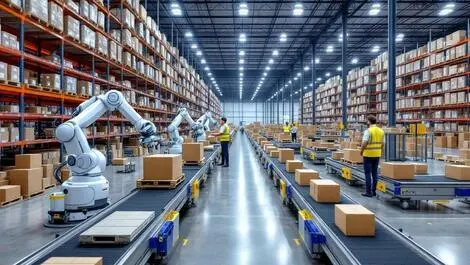 Realistic uk warehouse large interior rows shelves robotic arms automation