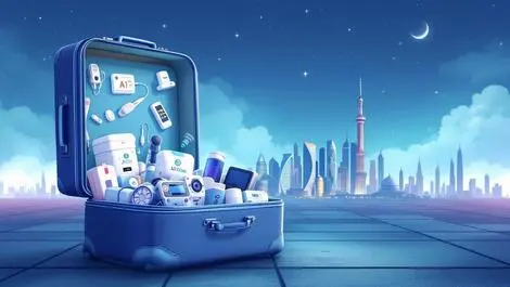 Suitcase filled with medical ai tech moving from uk to middle east healthtech innovation