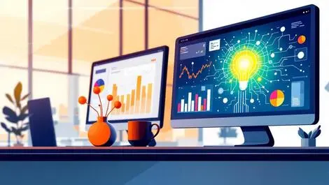 Modern office workspace computer monitors data charts ai network nodes treasury management automation