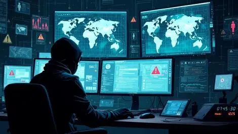 Detailed illustration hacker dark room digital maps warning symbols cyber intrusion