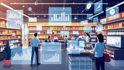 Retail store shelves products digital graphs icons data analysis