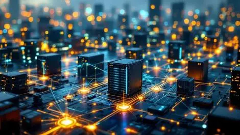 Photorealistic data servers container crates edge city glowing network connections edge computing