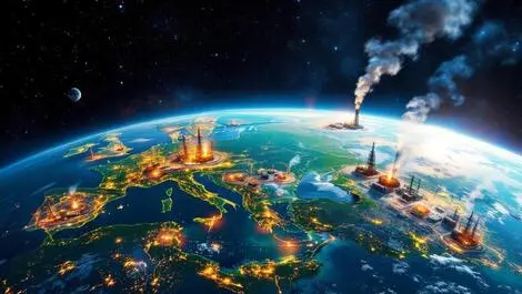 Realistic satellite in space capturing thermal images oil gas facilities