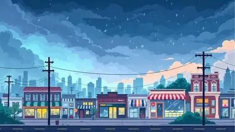 Small business buildings us city grid power lines weather protection climate