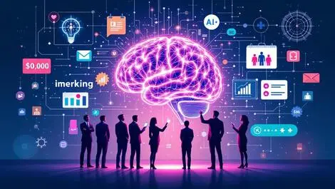 Business professionals interacting with glowing ai brain illustration