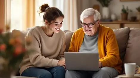 Young adult helping elderly person use laptop uk living room warm atmosphere