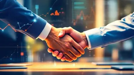 Business professionals handshake digital marketing analytics ai graphs