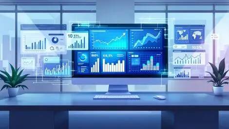 Modern digital dashboard dynamic graphs charts sleek office technology monitoring