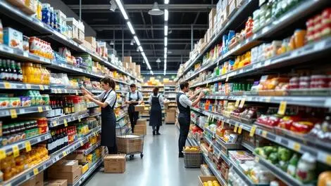 Realistic photo modern supermarket aisle new zealand workers restocking