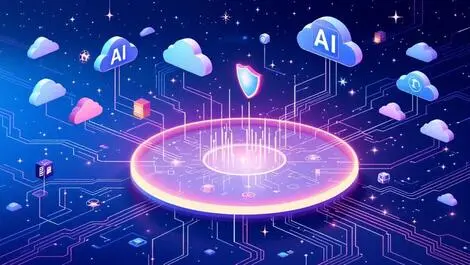 Digital lake cloud icons data streams shield symbol ai elements illustration