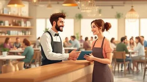 Friendly restaurant host helping smiling diner with tablet at reception