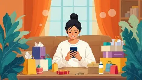 Person using smartphone shopping bags packages digital assistant ai