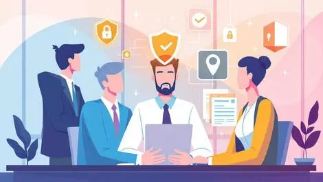 Business team cybersecurity expert collaborating digital security icons