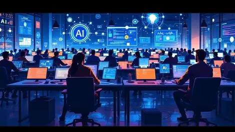 Large group software developers coding with ai symbols in modern office