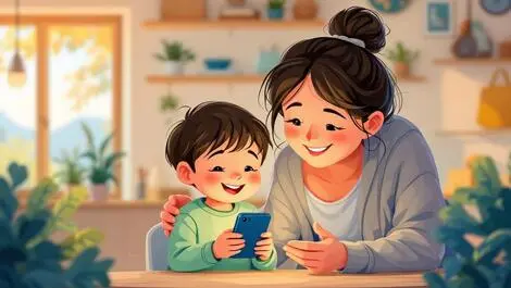 Smiling child holding smartphone with caring parent in cozy nz home