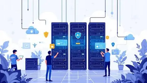 Modern software engineers configuring ai on secure servers data center