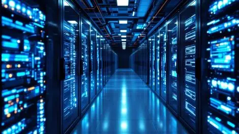 Modern data center aisle server racks ambient lighting ai computing