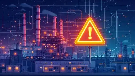 Industrial facility power plant with servers interconnected machinery cyber threat warning symbol