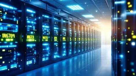 Modern server room glowing blue green lights ai powered computing tech