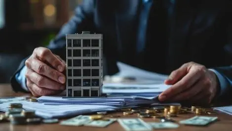 Financial regulator examining documents miniature office building dollar bills coins scrutiny private equity