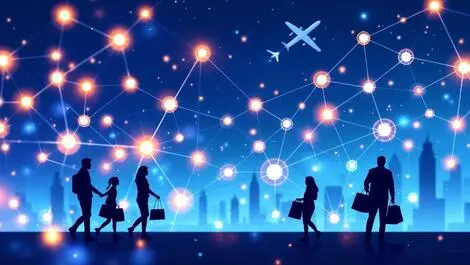 Glowing network nodes digital connections shoppers plane retail travel