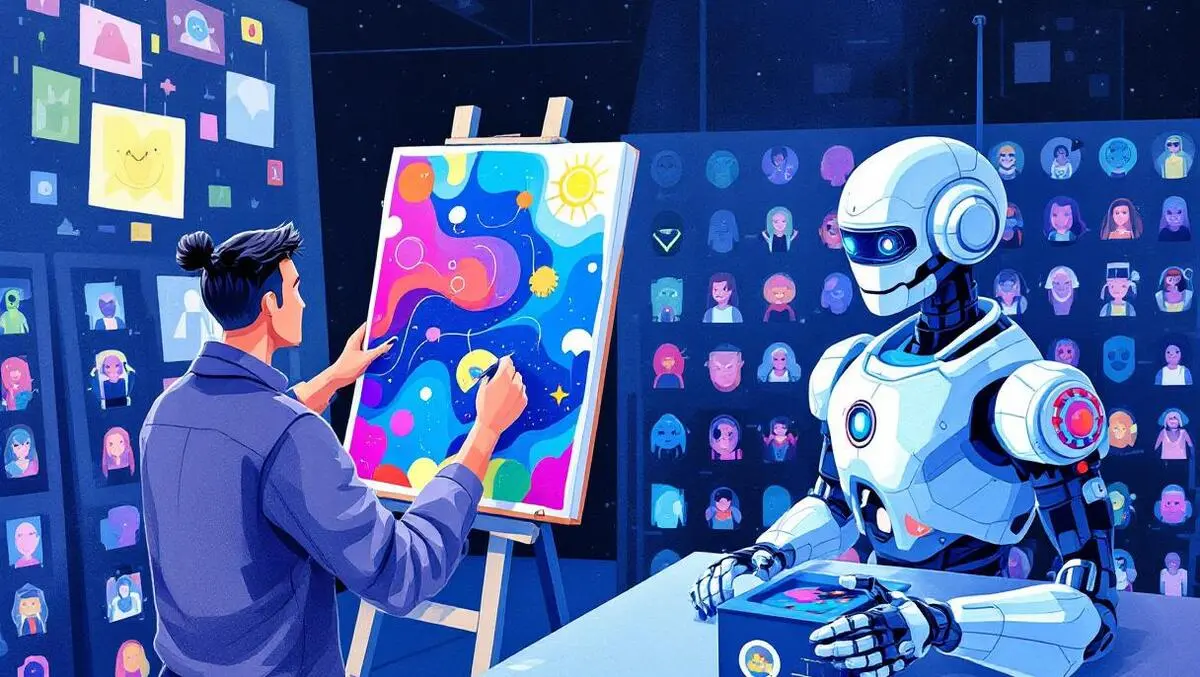 Human artist painting vivid imaginative canvas robot generating uniform images contrast creativity mass production