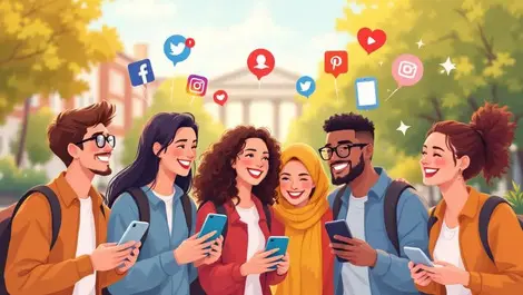 Us college students smiling holding smartphones social media icons online connection digital trust