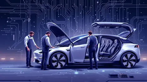 Engineers examining modern electric car open hood surrounded by circuit boards collaboration technology