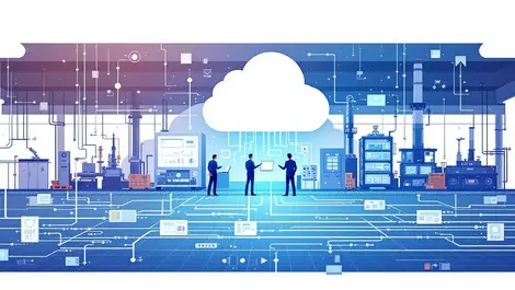 Factory machines data streams cloud engineers analyzing dashboards automation