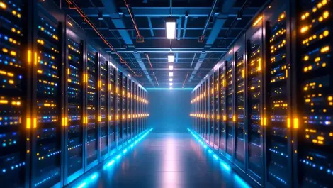 Modern data center server racks glowing lights enterprise storage cloud