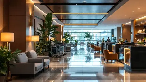 Realistic empty hotel lobby neatly arranged seats idle luggage trolleys unattended desk no travelers