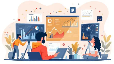 Marketers analyzing data charts with ai neural networks chatbot icons integration